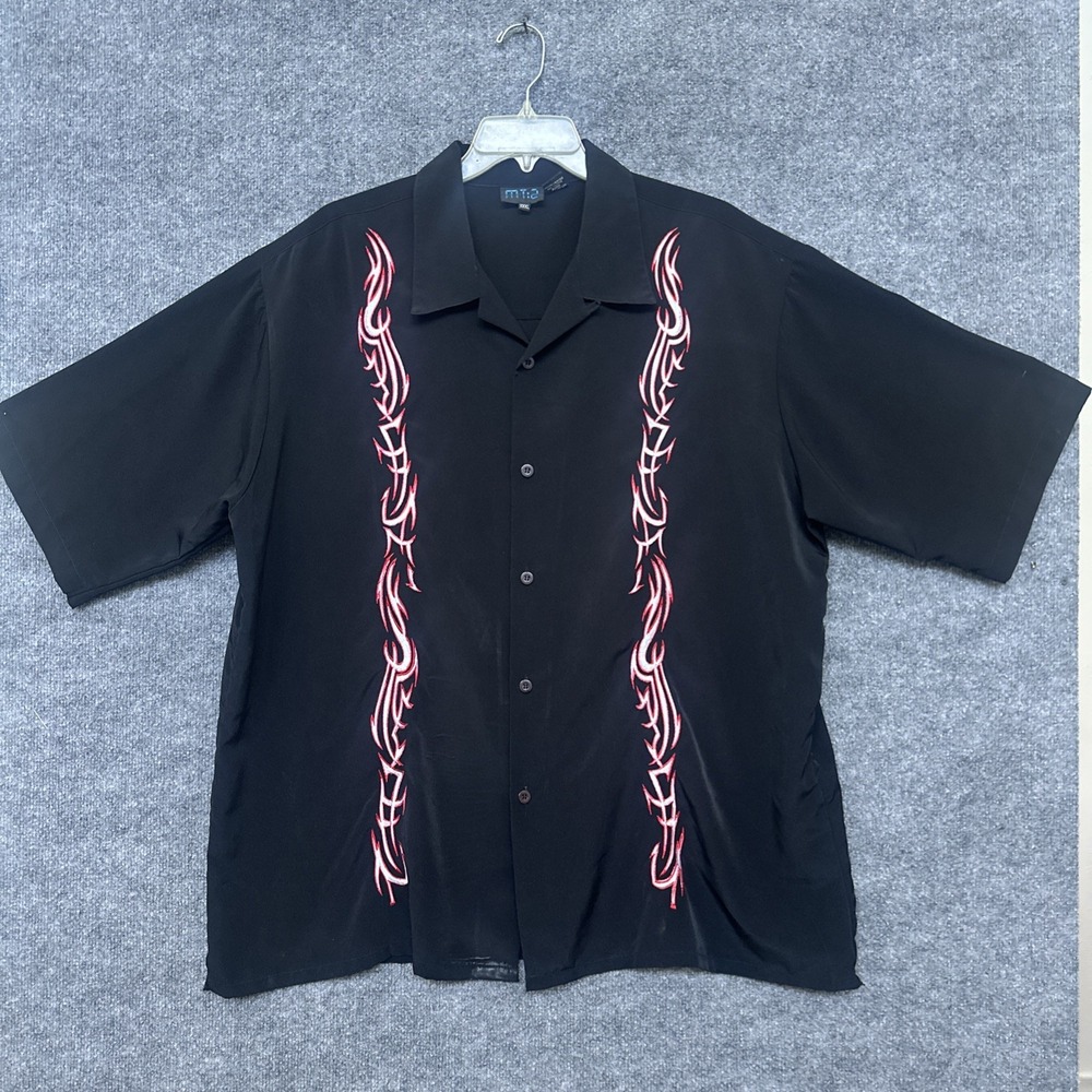Vintage 90s MT:2 Flames Button Front Camp Shirt Fire Rockabilly Black 4XL